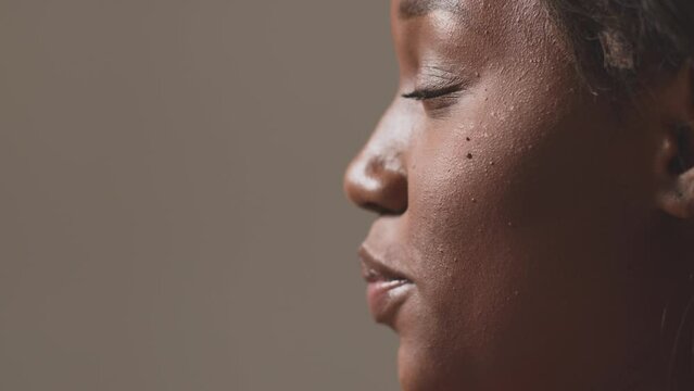 Smiling satisfied african american woman dreaming, enjoy, feel happiness. Closeup profile of black woman face. ProRes