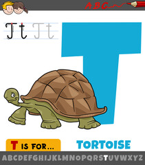 letter T from alphabet with cartoon tortoise animal character