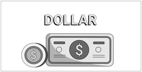 Dollar currency bank note and coin minimal line art illustration