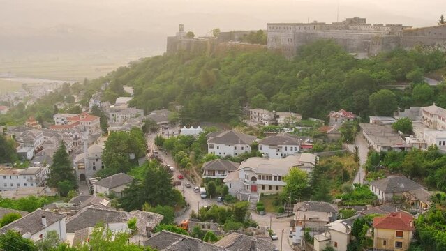 Gjirokastra cityscape at sunrise in Southern Albania