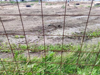Grass and sand behind the fence. A small island of grass grows behind a metal fence in a large square cage, the rest of the space is occupied by light sand with tire tracks.