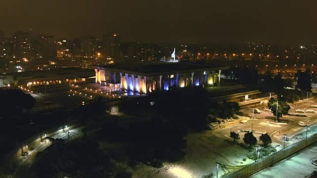 Israel knesset parliament in the snow at night, aerial
Drone view from the capital of israel, Jerusalem in the winter, 2022

