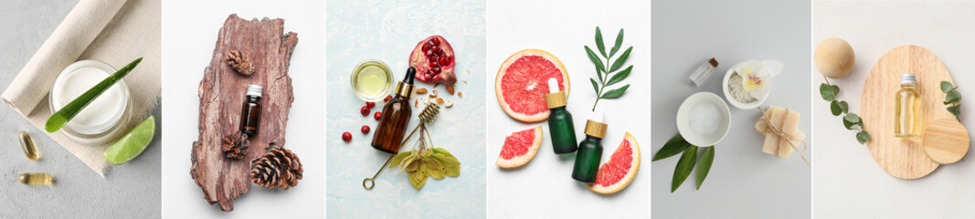 Collage with natural essential oils and ingredients on light background