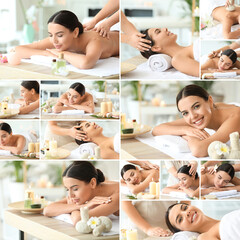 Collage with pretty young woman spending weekend in spa salon
