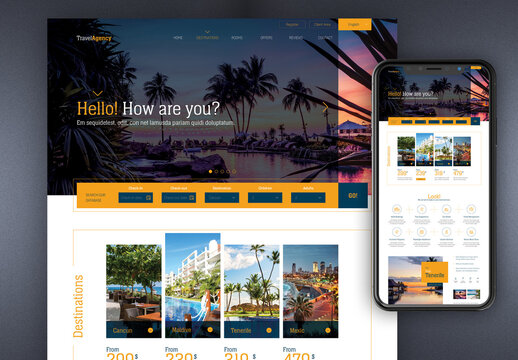 Website Design Layout for Travel Agency with Yellow and Blue Accents