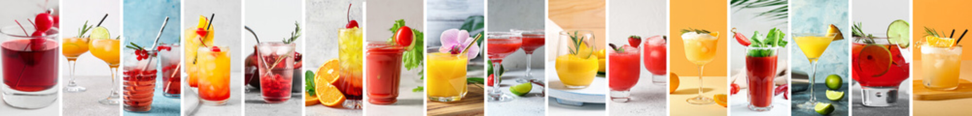 Collage with different delicious summer cocktails
