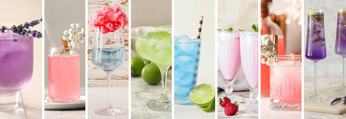 Collage with many delicious summer cocktails