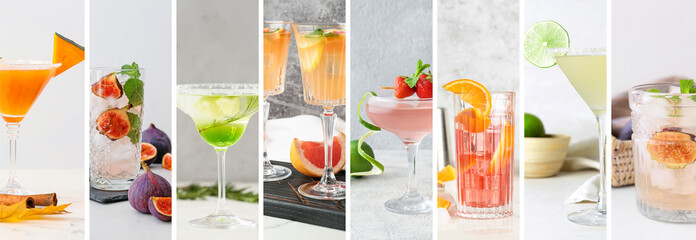 Collage with different delicious summer cocktails on light background