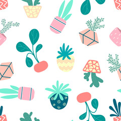 Home potted plants seamless pattern. Indoor flowers. Pattern in earthy and natural colors in boho style