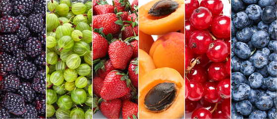 Collage with ripe juicy fruits and berries, closeup