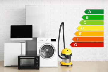 Different household appliances near white brick wall. Concept of smart home