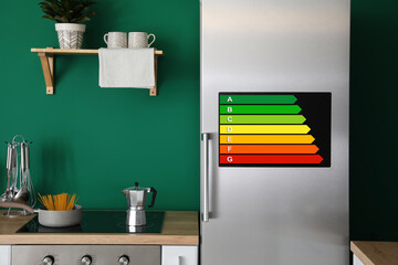 Modern refrigerator in kitchen. Concept of smart home