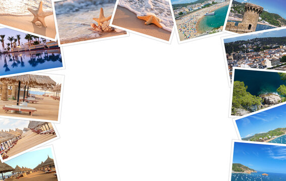 Set of travel photos on white background with space for text