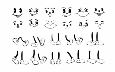 Vintage 50s cartoon and comic happy facial expressions. feet in shoes and walking leg poses set. Retro quirky characters smile emoji set. Cute avatars with big eyes, cheeks and mouth