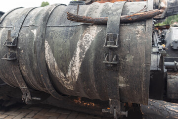 Identification mark on rusty russian tank burned by the Ukrainian military during Russian invasion of Ukraine in 2022. Downtown of Kyiv, capital of Ukraine