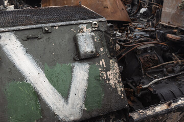 Identification mark on rusty russian tank burned by the Ukrainian military during Russian invasion of Ukraine in 2022. Downtown of Kyiv, capital of Ukraine