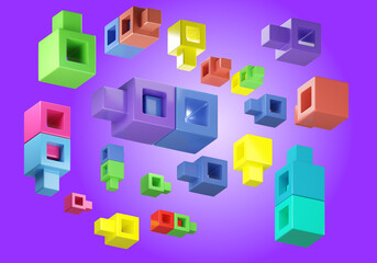 Kids brick. Rainbow background. Multicolored children's toy constructor. Concept of educational toys for children. Colorful toy constructor elements on purple. Visualization plastic blocks. 3d image.