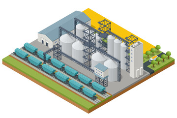 Isometric Grain elevator silos. Freight train being loaded with grain for transport. Transrportation of agricultural products. © Golden Sikorka