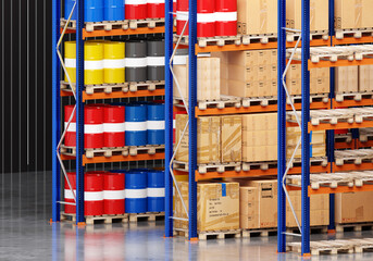 Warehouse business. Warehouse with chemical products. Metal barrels different colors. Production...