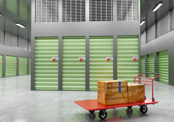 Self storage. Cart with boxes next to entrance to containers. Self storage rental concept. Corridors with metal doors in storage room. Warehouse for safekeeping. Realistic style. 3d rendering.