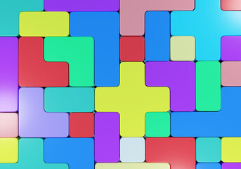 Colored wallpaper. Children's geometric wallpaper. Multi-colored cubes are located nearby. Tetris cubes of different colors. Tetris scenery for kids. Colorful wallpaper. 3d rendering.