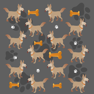 Cartoon dog.  Pattern cartoon dog on a grey background. Childish seamless pattern with dogs.  For kids clothing, fabric, textile, baby decoration, wrapping paper.