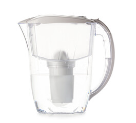Modern water filter jug on white background