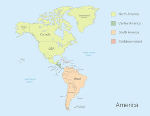 America map, classic color detailed map with states islands and sea with names vector