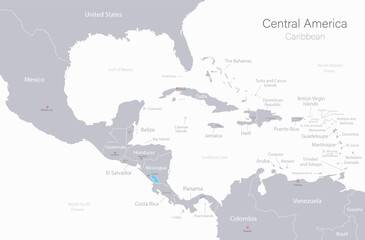 Fototapeta premium Central America and Caribbean islands map, states and capital city with names, white on background vector