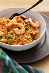 Bowl of Jambalaya with shrimp, chicken, sausage and rice