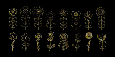 Set of gold outline flowers on black background Flower icon Vector illustration