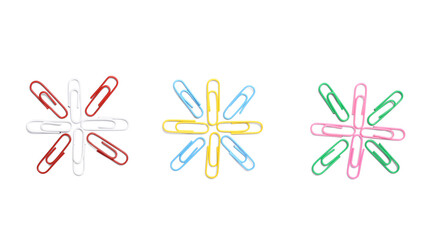 Colorful paper clips on white background, top view