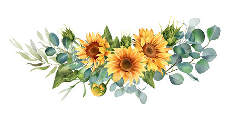Sunflower and eucalyptus leaves bouquet. Watercolor floral illustration. Yellow flowers for rustic wedding design, thanksgiving decoration, fabric, greeting cards, ets. Isolated on white background