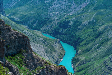 mountain landscape, deep canyon with blue river