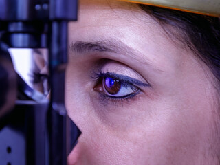 Eye medical examination. Eye doctor visits the patient using a special tool. Pachymetry is a...