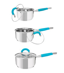 Set of stainless steel dishware isolated on white background