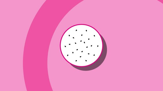 Animated symbol of Dragon Fruit (Pitaya) on a pink background. Seamless loop food animation with simple stylish repeated elements