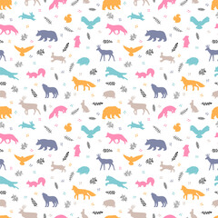 Seamless pattern with wild forest animals. Woodland life. Background for fabric, textile, wrapping paper, clothing
