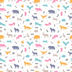 Fototapete Einhörner Nahtloses Muster mit wilden Waldtieren. Waldleben. Hintergrund für Stoff, Textil, Packpapier, Kleidung