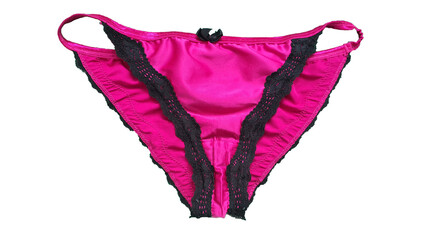 Worn female underwear isolated. Luxury elegant pink and black worn women's panties, close-up,...