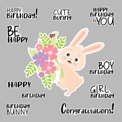 Birthday stickers. Cute bunny with bouquet of flowers and ladybug and phrases congratulations. Vector illustration. Isolated elements. Set of happy birthday greetings for design and decor, print.