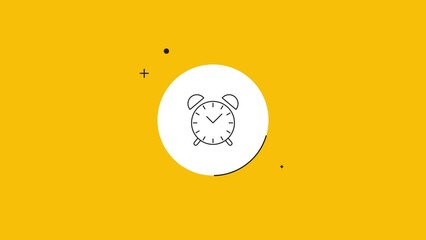 Alarm clock icon in white circle with black dynamic line on a yellow background. Seamless loop dynamic symbol rolling in the center