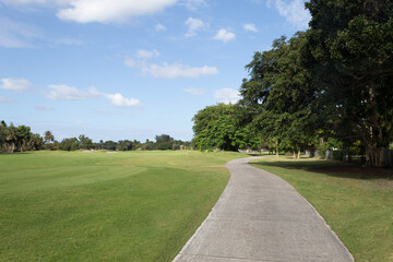 Concrete path in a park with lots of grass and leafy trees during a summer day