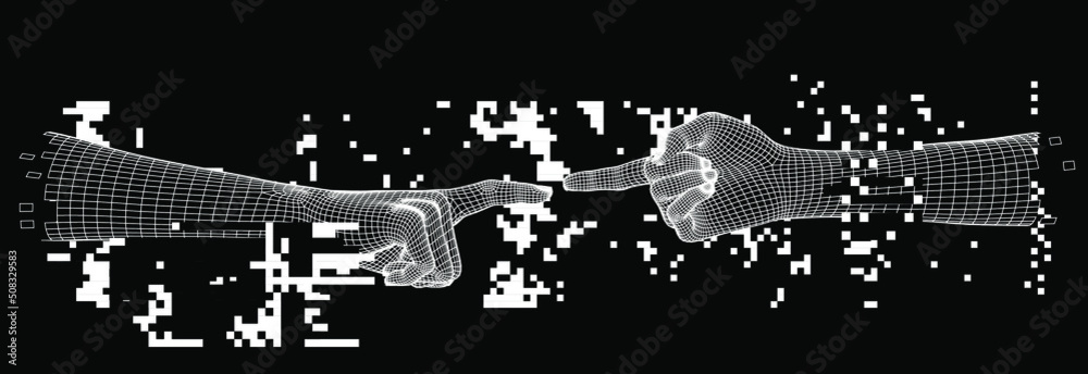 Aufkleber 3D low-poly hand models made of polygonal wireframe. Arms going to touch together like in Adam creation scene. 