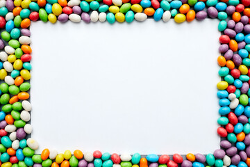 Jelly bean frame with blank paper sheet, copy space