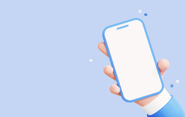 3D Hand holding mobile phone. Smartphone screen mockup. Banner template for promotion and web poster. White blank screen. Cartoon creative design isolated on blue background. 3D Rendering