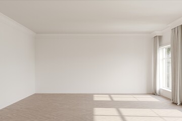 Empty room with wood parquet light and shadow on the floor.  3D rendering illustration mock up.	