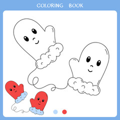 Simple educational game for kids. Vector illustration of cute mittens for coloring book