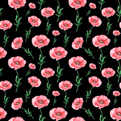 Poppy watercolor seamless pattern. Flora, flower, plant. Poppy bud, stem, leaf. Red poppy. Poppy digital paper. Black background. Floral print. For printing on textiles, fabric, wrapping paper.