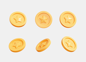 3D Gold coin set at different rotation angles. Creative design icon for game and animation isolated on white background. All rotation view. Realistic coin with star. Cartoon collection. 3D Rendering - obrazy, fototapety, plakaty